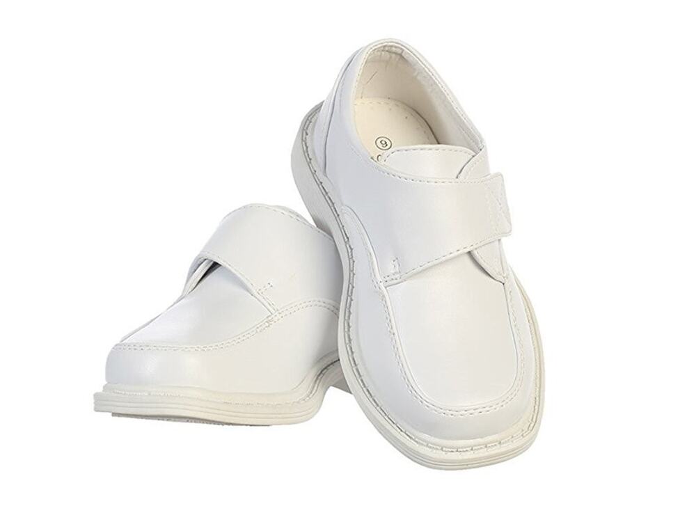 BOYS MATTE DRESS SHOES W/ HOOK AND LOOP FASTENER STRAP WHITE 5Y